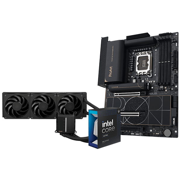 Procesador Intel® Core™ Ultra 9 285K, ProArt Z890-Creator WiFi y ProArt LC 360, toma en ángulo de 45