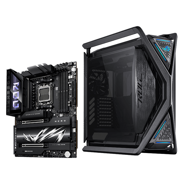ROG Hyperion GR701 y ROG Crosshair X870E Hero, toma colgante de 45