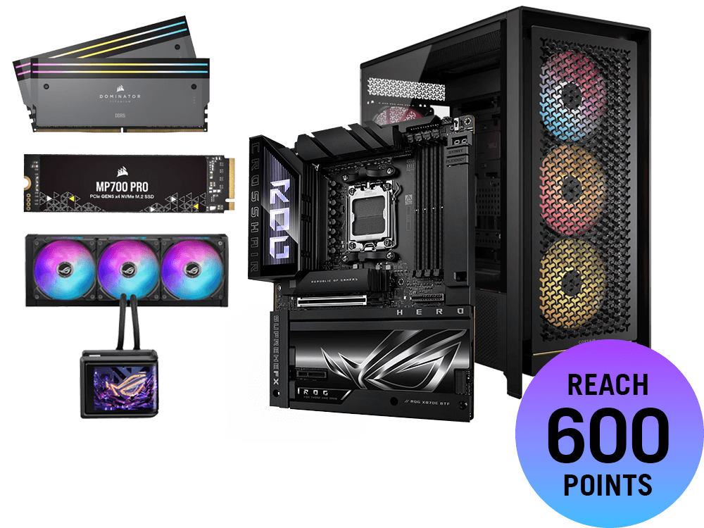 Prize bundle with X870E Hero BTF motherboard, Hyperion GR701 case, Ryuo IV SLC 360 ARGB AIO cooler, Kingston FURY SSD and DDR5 memory, worth 600 points.