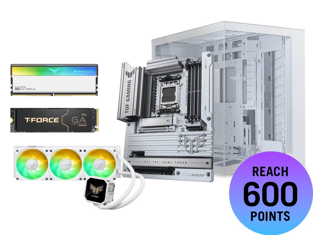 Prize bundle with TUF Gaming B850 BTF-W motherboard and Lian-Li O11 DYNAMIC MINI V2 case and TUF Gaming LC III 360 ARGB LCD cooler and T-FORCE GA PRO 1TB PCIe NVMe M.2 SSD and T-FORCE XTREEM ARGB 48GB (2x24GB) 6800MT/s DDR5 (White) (Opens in new window)